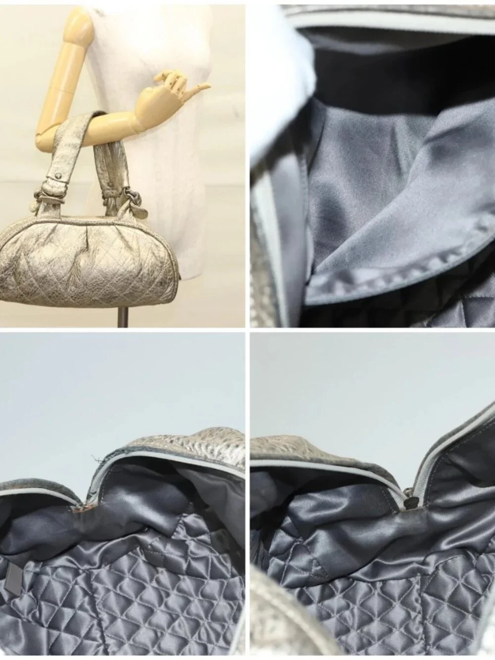 CHANEL Wild Stitch Hand Bag Leather Silver CC Auth 133064
